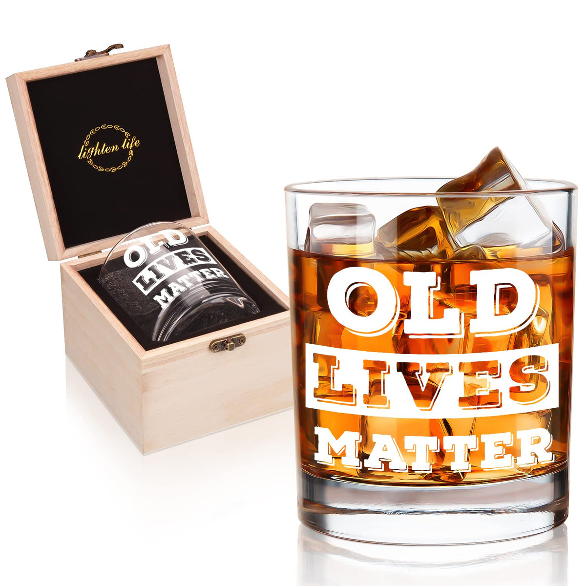 Lighten Life Old Lives Matter whiskey glass 12oz showing clear crystal quality for refined tastings.