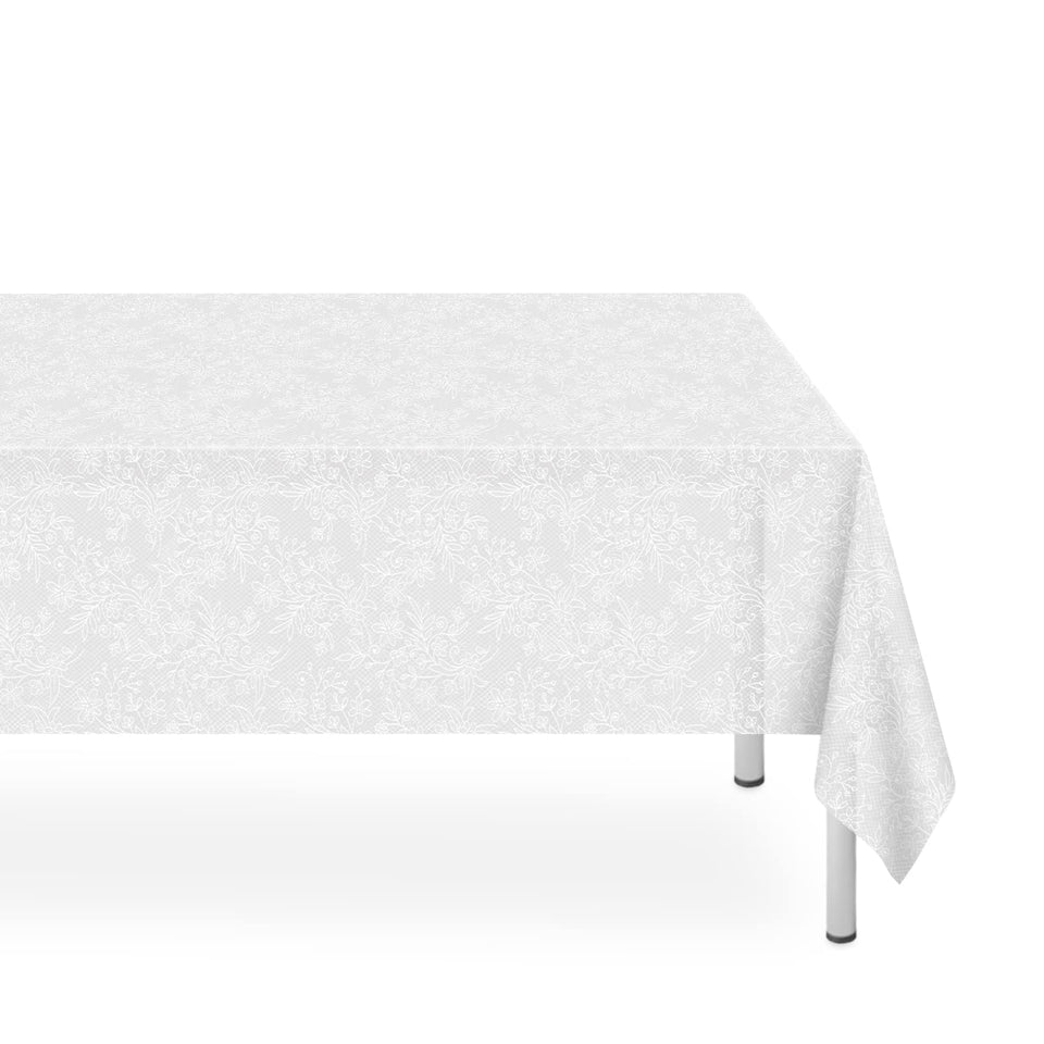 LIKAJON three-pack white lace tablecloths on an 8-foot table for a polished event.