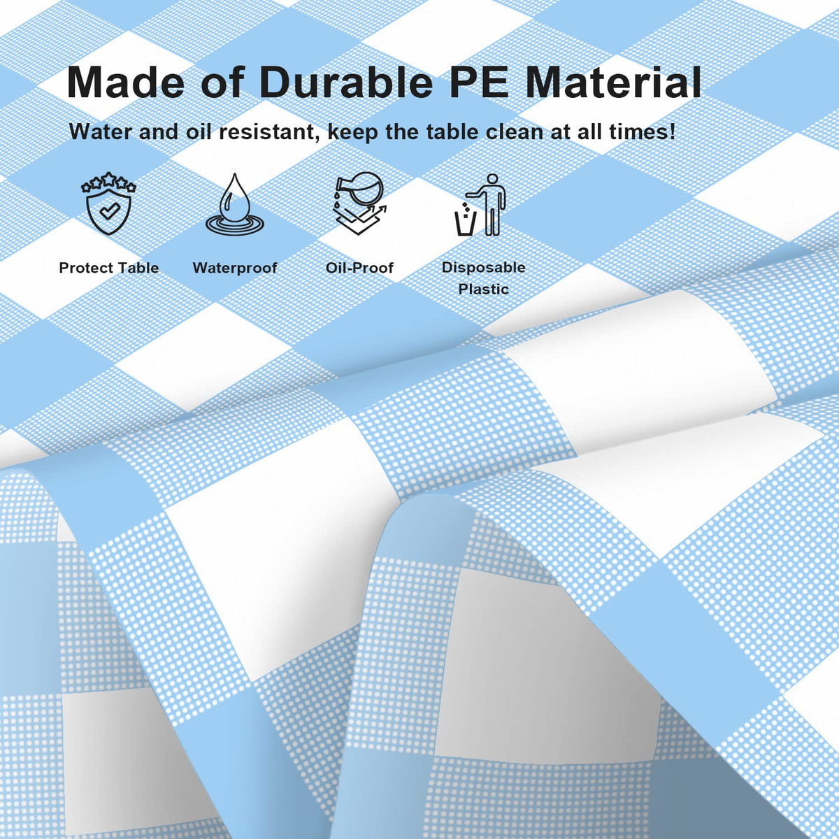LIKAJON durable PE material tablecloth shields tables during outdoor gatherings.