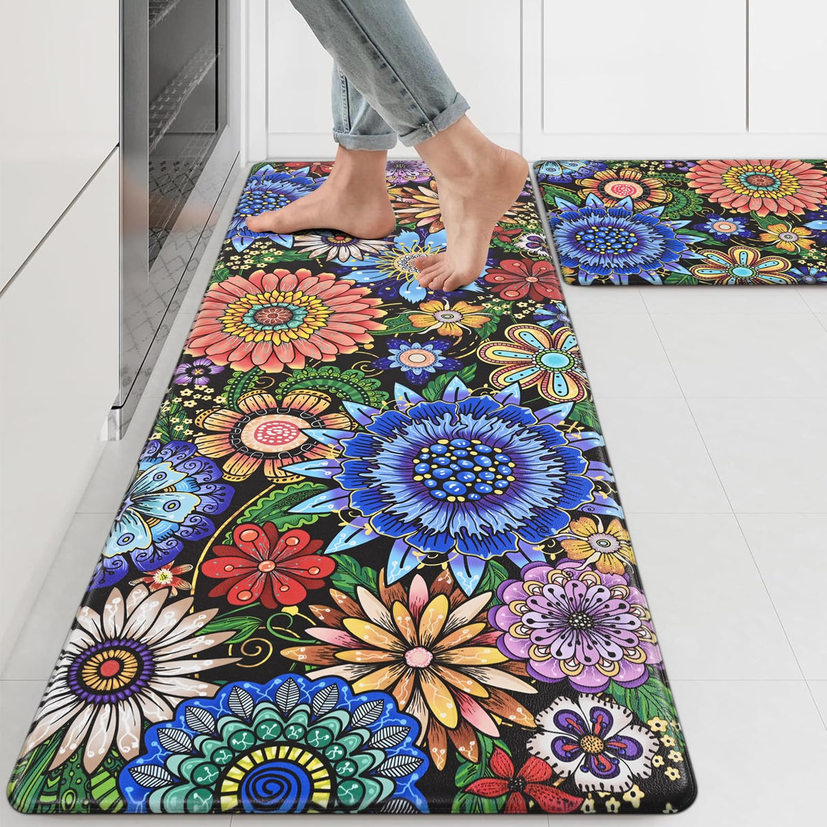 Likiyol boho kitchen rug 18x48 adds warmth and anti-fatigue support.