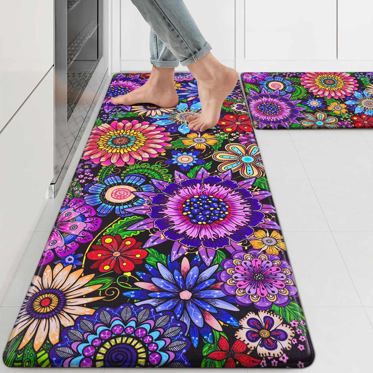 Likiyol boho kitchen rug 18x48 adds anti-fatigue comfort while cooking.