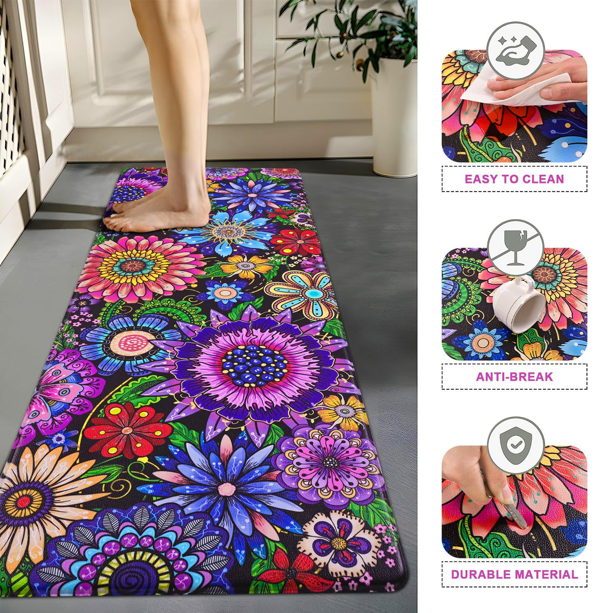 Likiyol kitchen mat with waterproof, stain-resistant surface for easy cleanup.