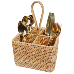 Lilacooqinn natural wicker utensil caddy with built-in handles keeps kitchen utensils organized.