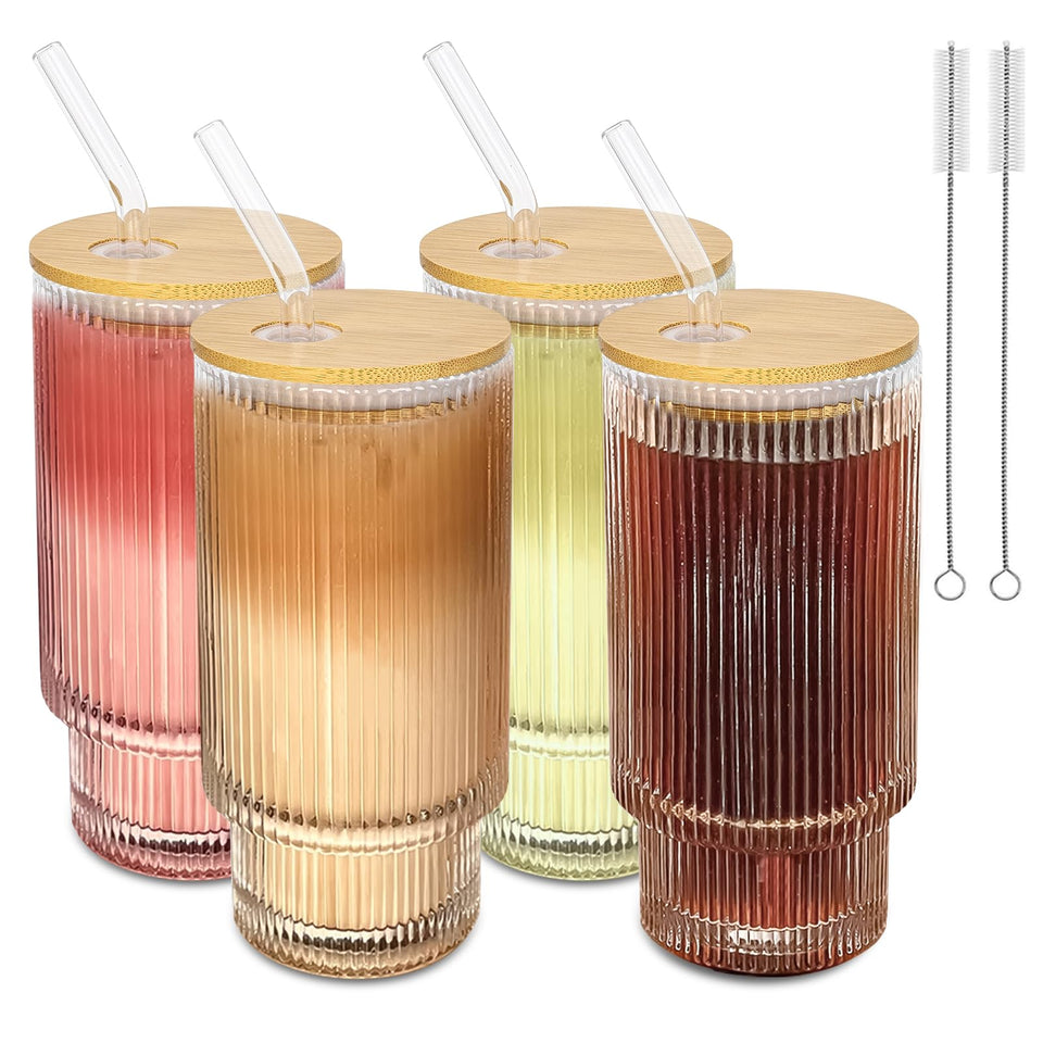 lilamacalla 16oz ribbed glass cups with lids for durable daily use