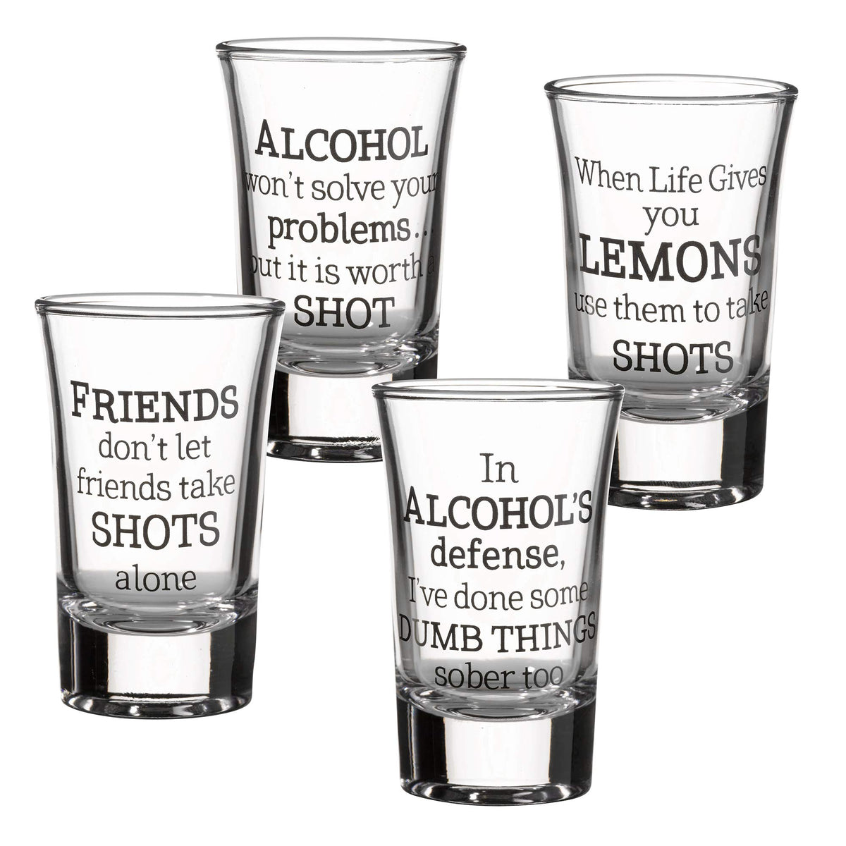 Lillian Rose party shot glasses with four humorous quotes for social gatherings.