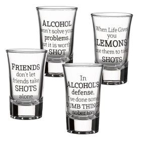 Lillian Rose party shot glasses with four humorous quotes for social gatherings.
