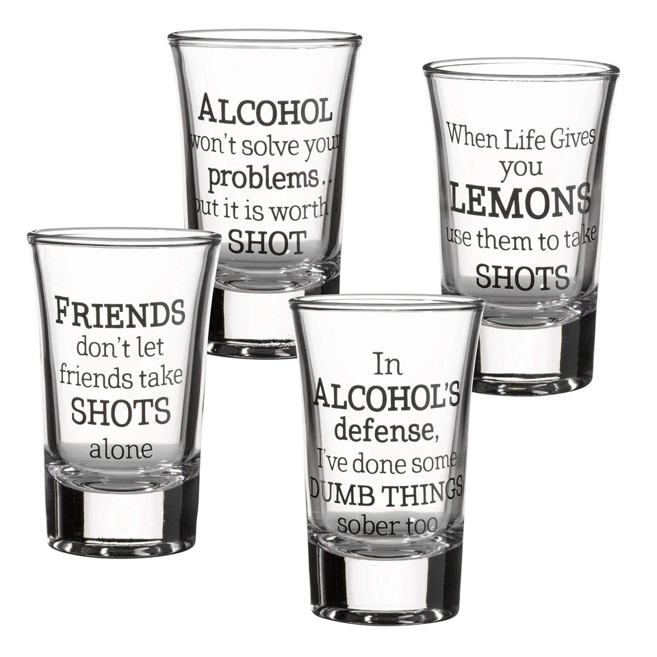 Lillian Rose party shot glasses with four humorous quotes for social gatherings.