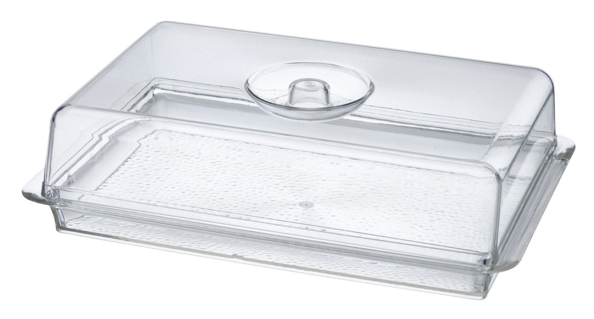 Lillian Tablesettings clear acrylic tray with lid showcases appetizers at a party.