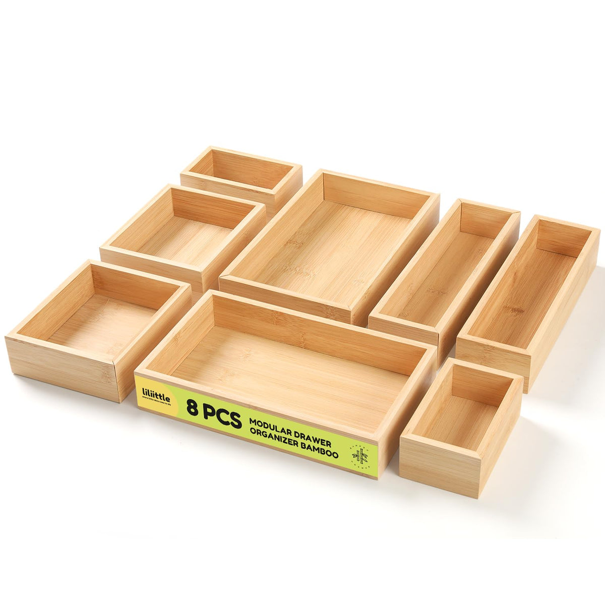 The lilLittle bamboo drawer organizer 8-piece set fits neatly in a range of drawers to maximize space.