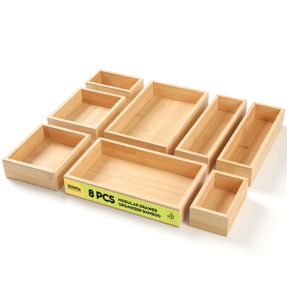 The lilLittle bamboo drawer organizer 8-piece set fits neatly in a range of drawers to maximize space.