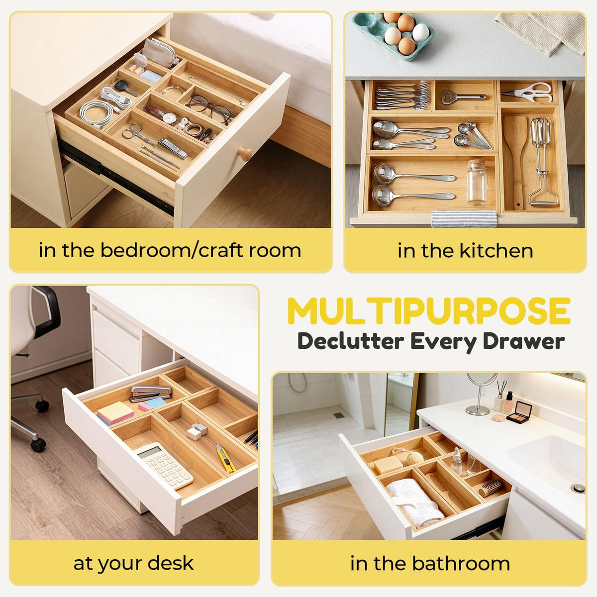 lilLittle bamboo drawer organizer offers multi-purpose storage for kitchen, office, and more.