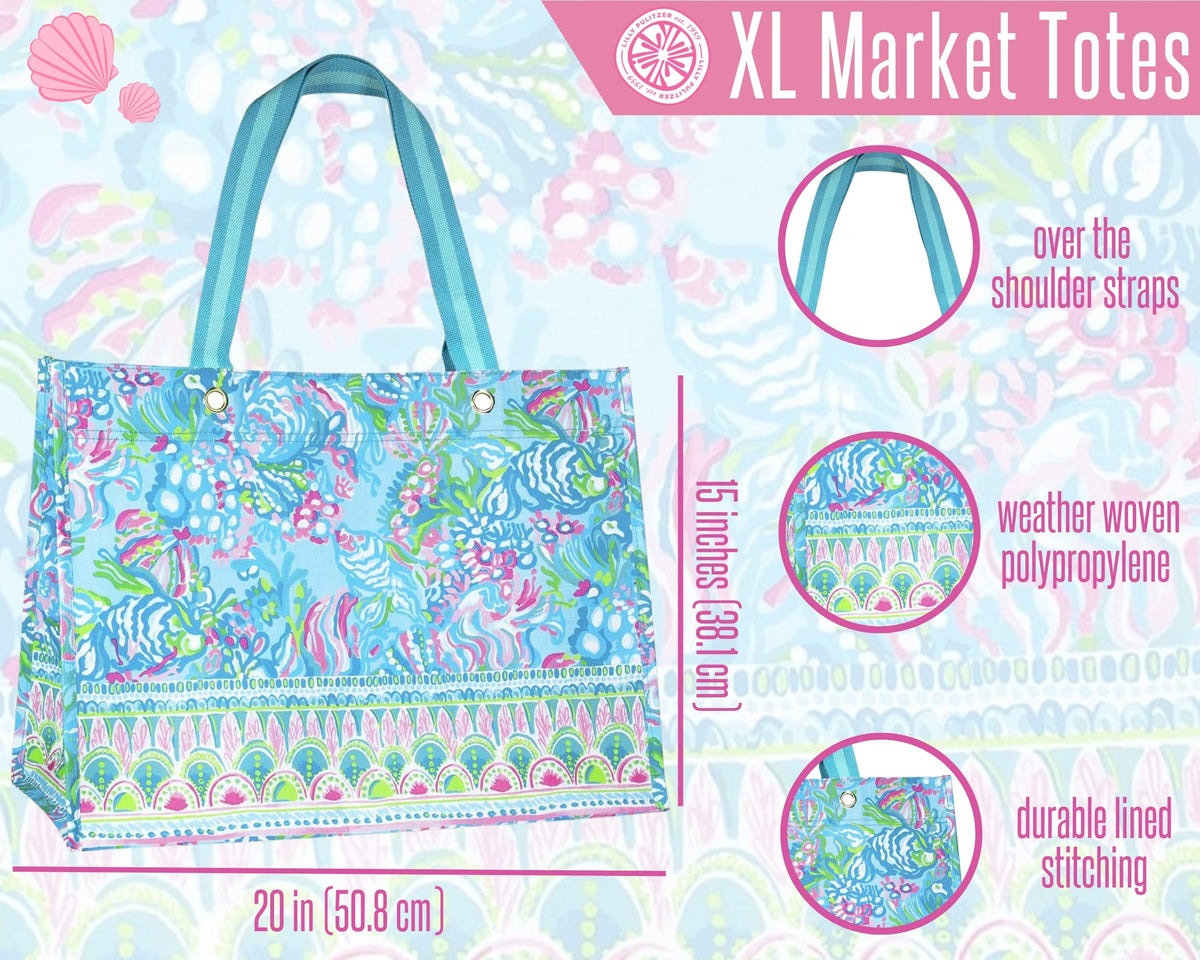 Lilly Pulitzer Aqua La Vista market tote interior pocket keeps valuables organized.