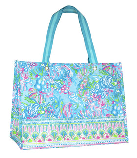 Lilly Pulitzer Aqua La Vista market tote open shows spacious capacity for groceries and beach gear.