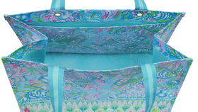 Lilly Pulitzer Aqua La Vista market tote with shoulder straps enables comfortable carrying.