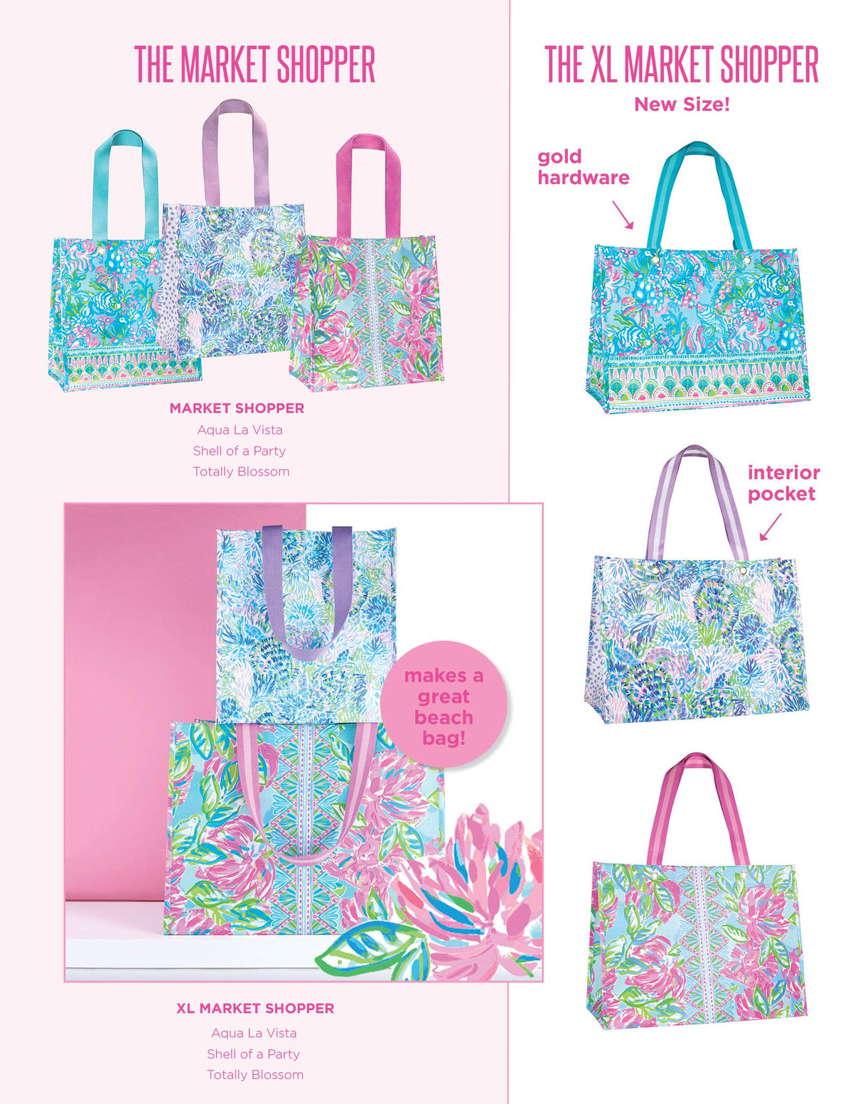 Lilly Pulitzer Aqua La Vista market tote wide base supports stable loading.