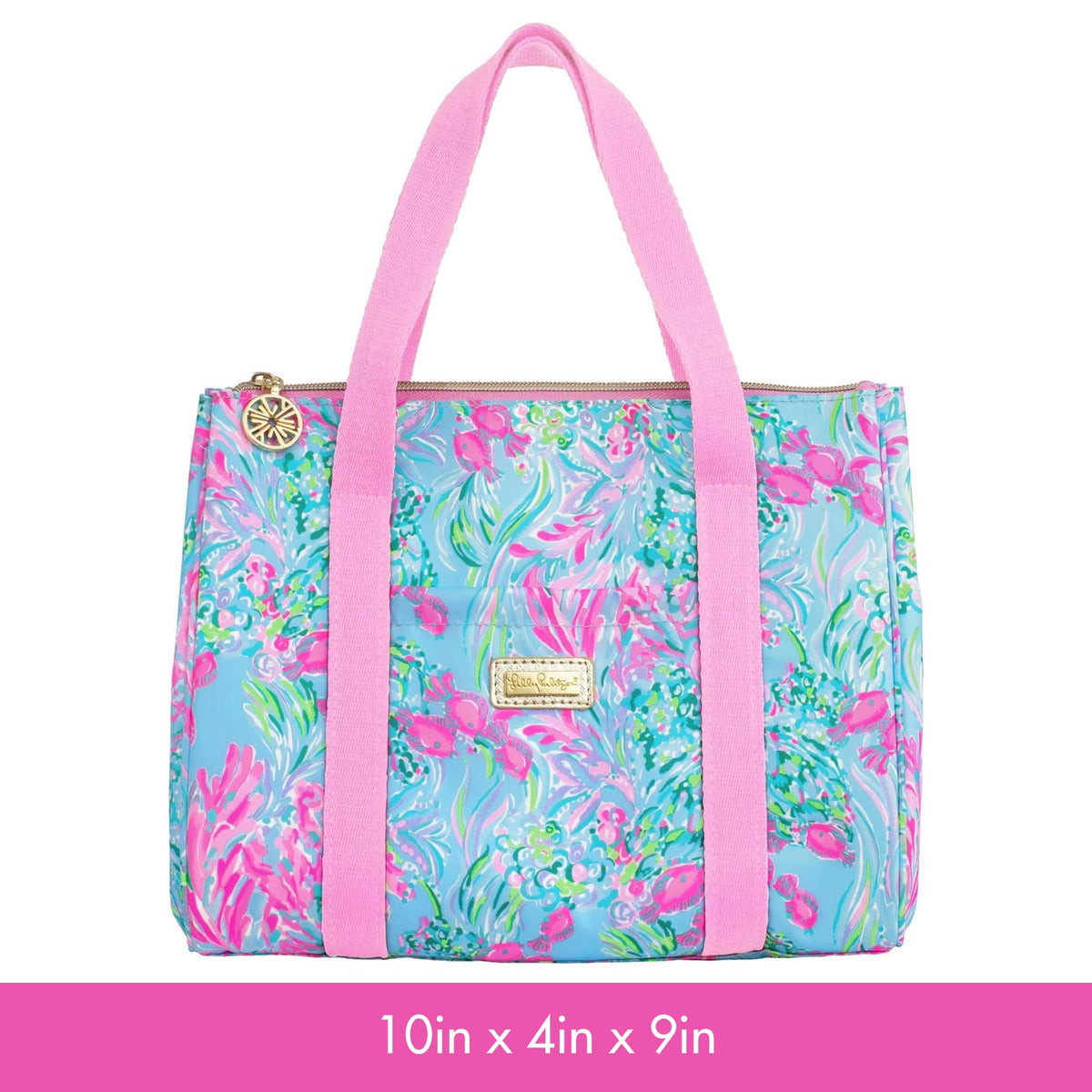 Lilly Pulitzer blue mini cooler top view for easy access.