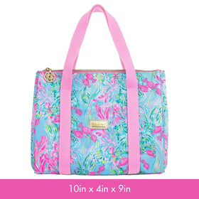 Lilly Pulitzer blue mini cooler top view for easy access.