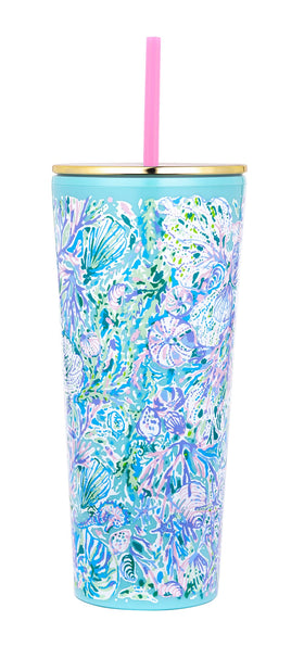 Lilly Pulitzer double-wall tumbler with lid stays cool and sweat-free.
