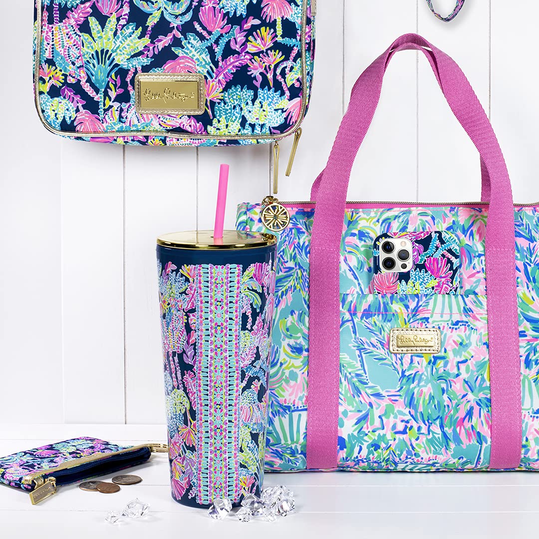 Bold Lilly print with gold logo plaque adds a premium touch.