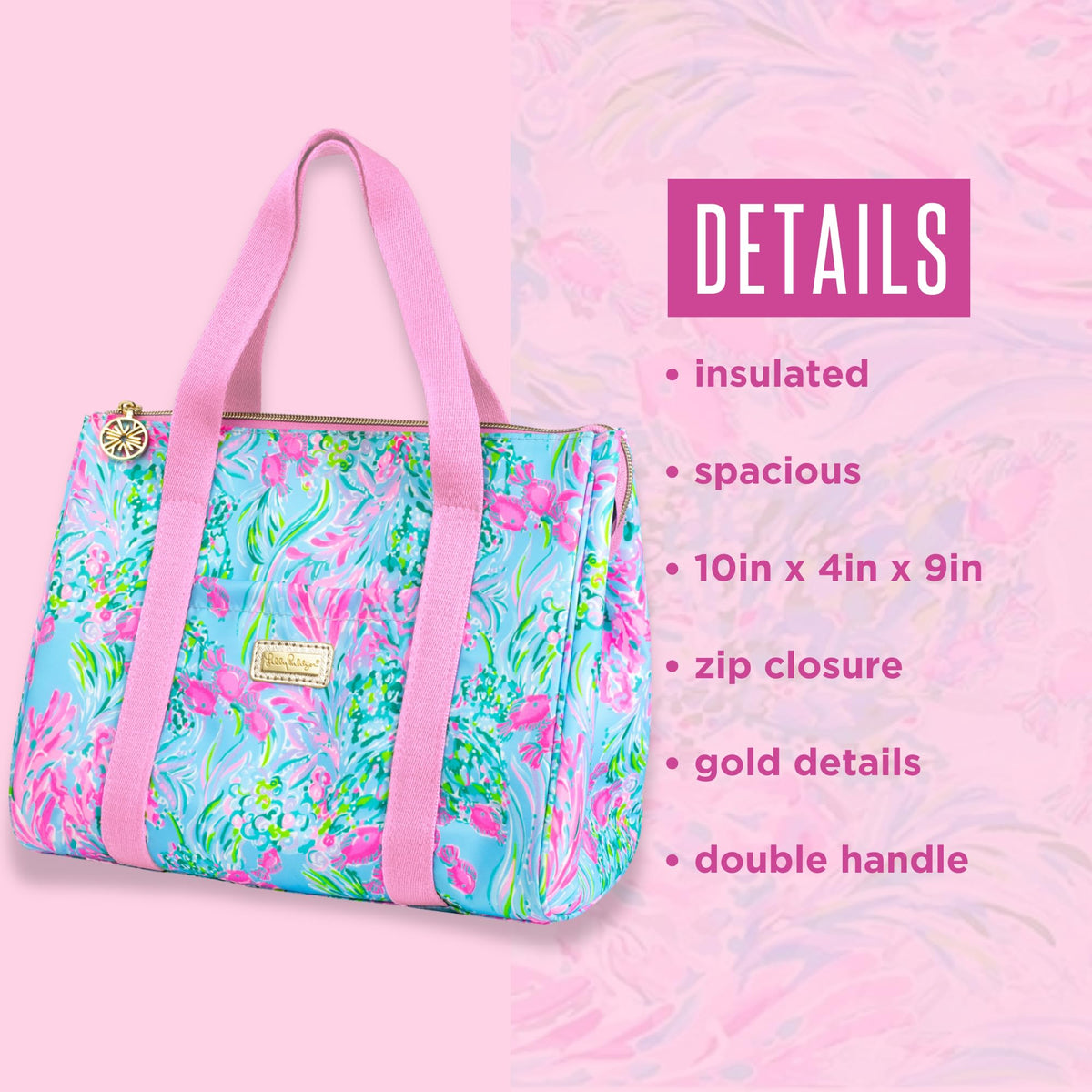 Lilly Pulitzer exterior pocket stores utensils and napkins neatly.