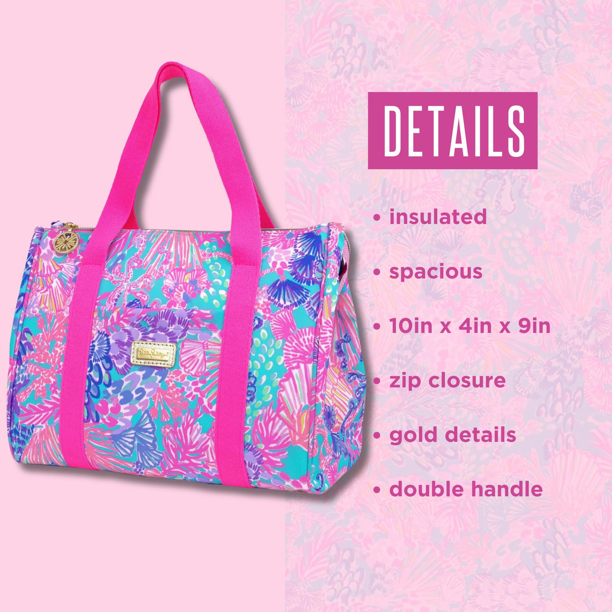 Lilly Pulitzer lunch bag full zip closure prevents spills and secures contents.