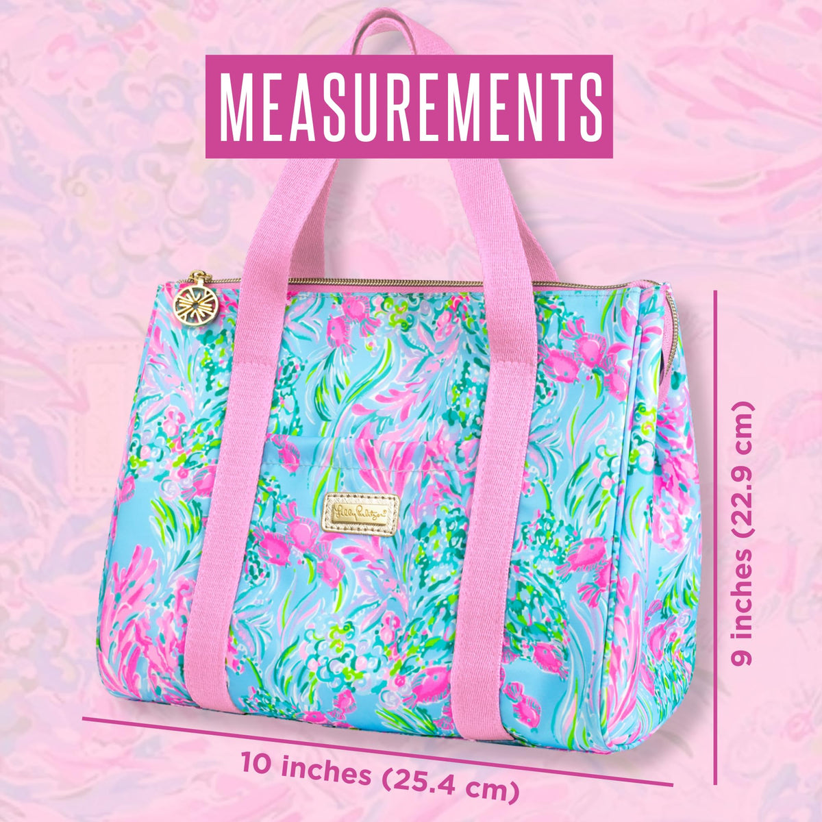 Lilly Pulitzer metal zipper closure secures food securely.