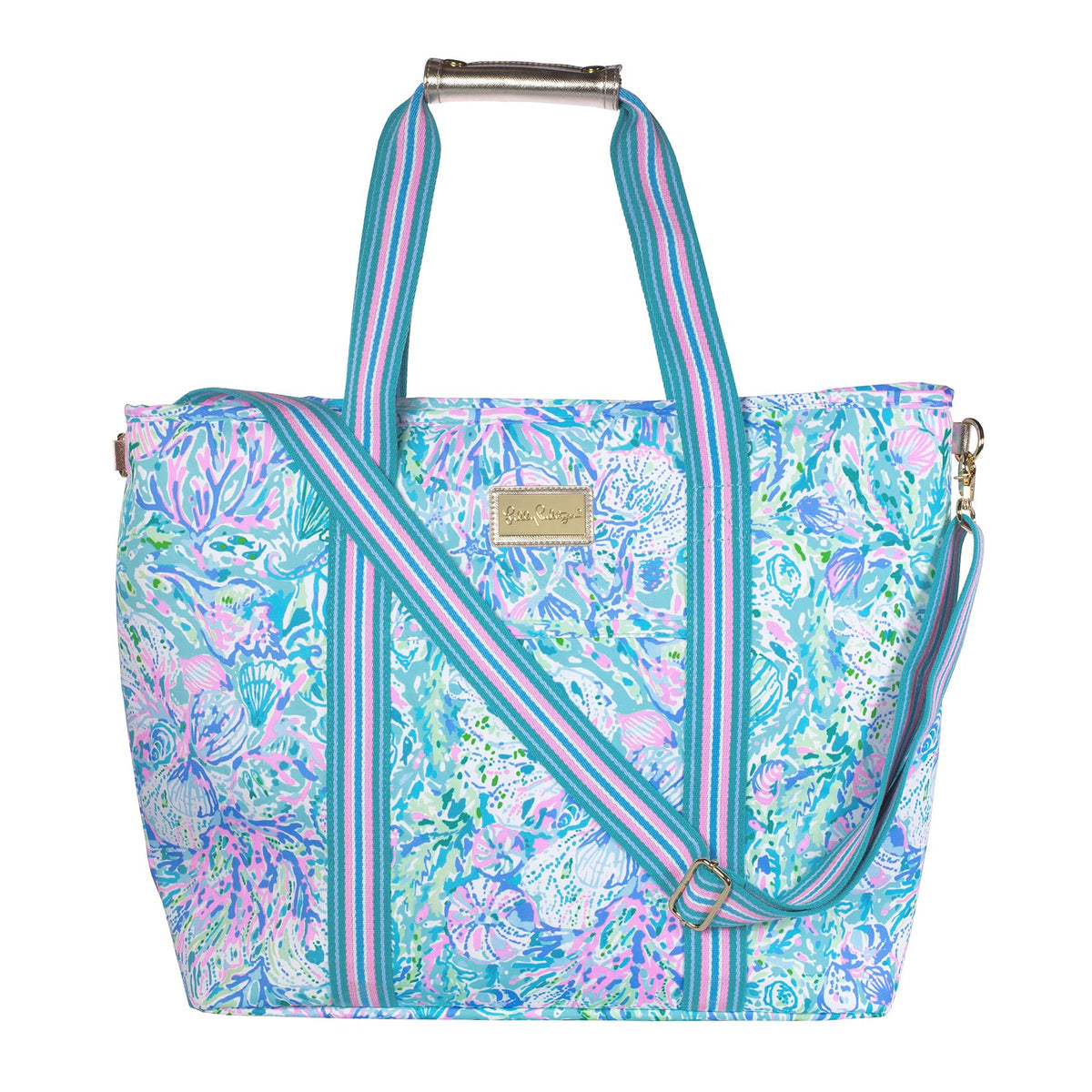 Lilly Pulitzer cooler bag front view with Soleil It On Me print keeps drinks cool on picnics.