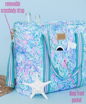 Lilly Pulitzer cooler bag interior shows white insulated lining for easy cleanup.