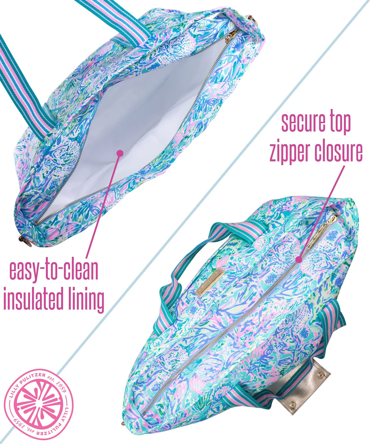 Lilly Pulitzer cooler bag side view with adjustable strap for comfortable carrying.