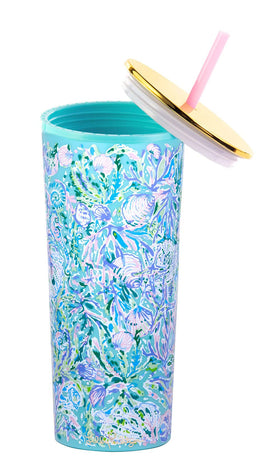 Lilly Pulitzer travel cup with lid and reusable straw, easy to clean on the go.