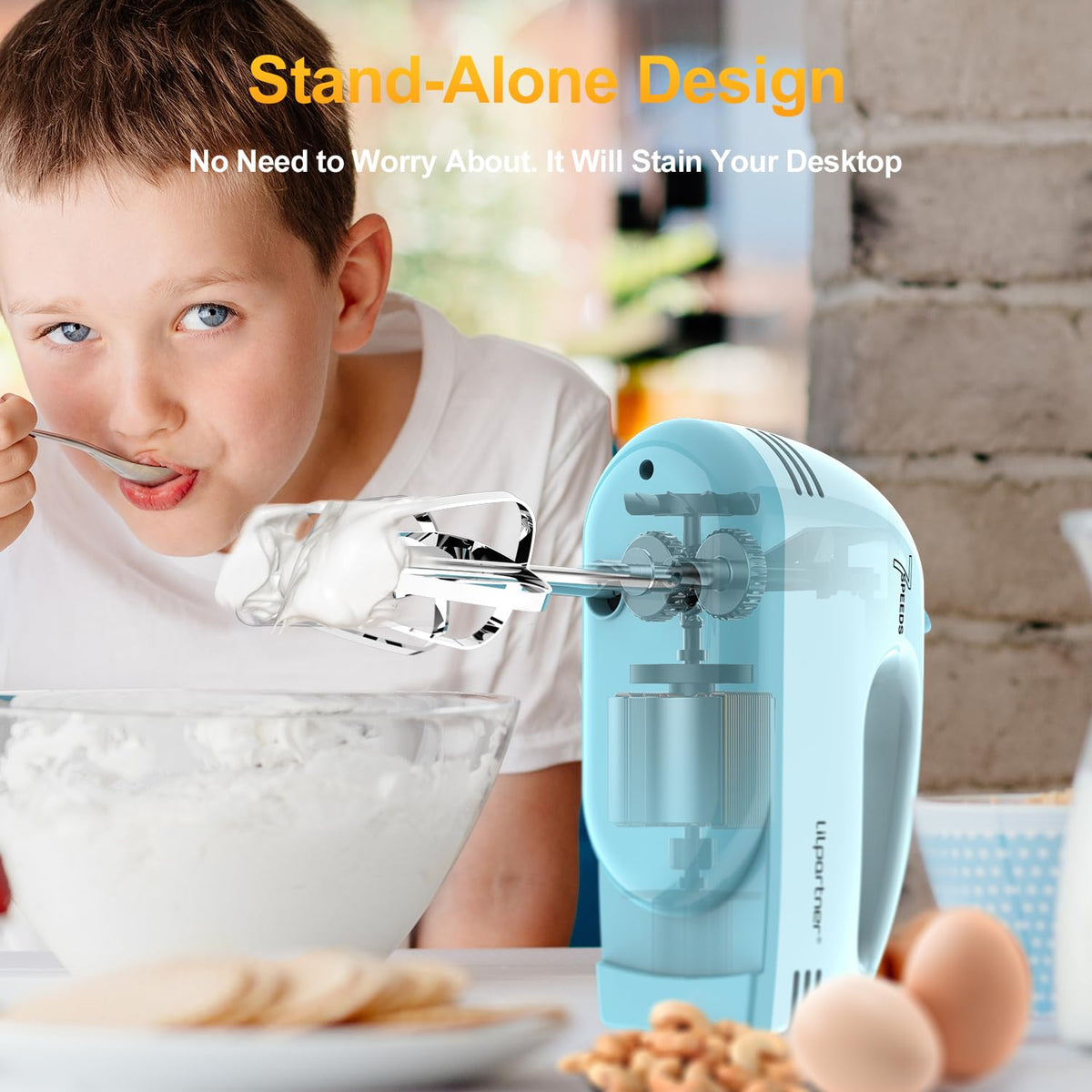 LILPARTNER Hand Mixer showing 7-speed control for precise mixing.