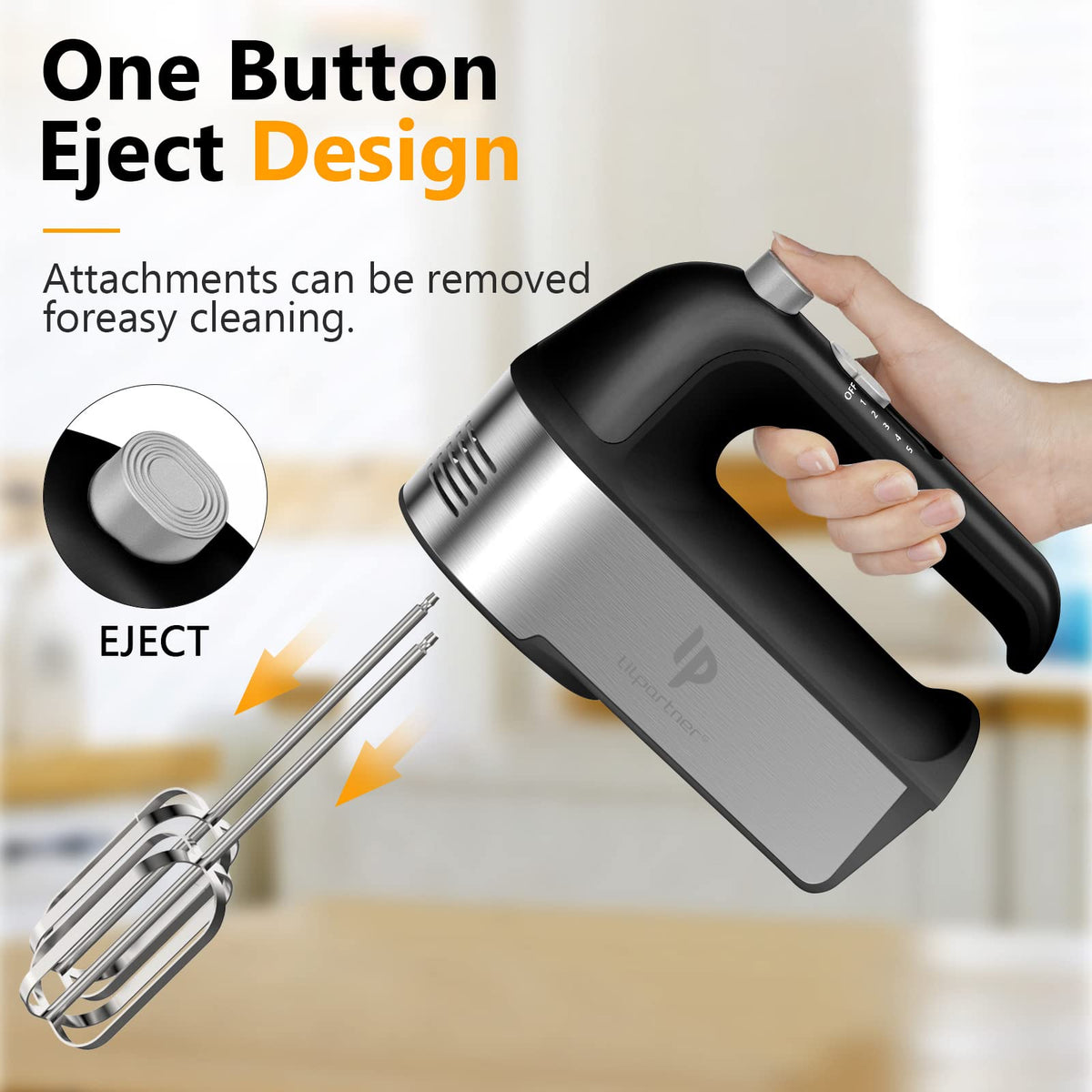 Five stainless steel attachments included for versatile baking tasks