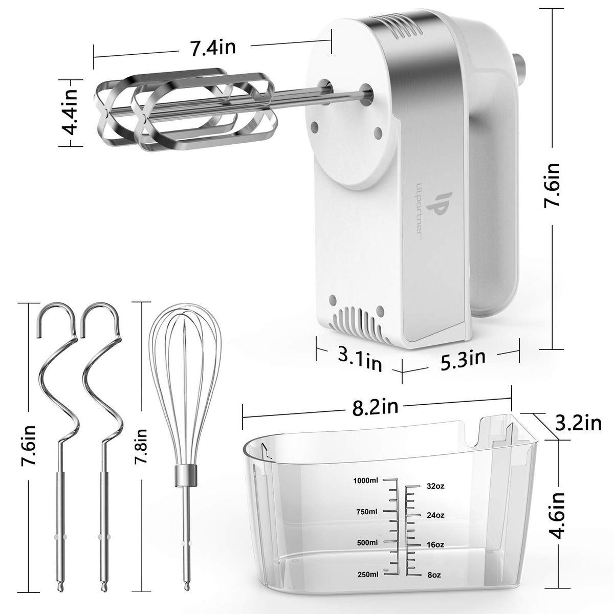 LILPARTNER hand mixer includes five stainless steel attachments for various baking tasks.