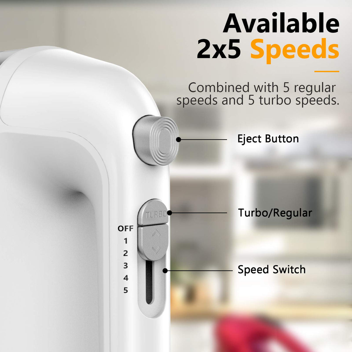 LILPARTNER hand mixer turbo boost and 5 speed control for efficient whipping.