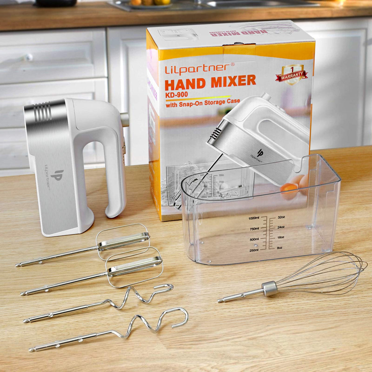 LILPARTNER white finish hand mixer fits modern kitchens.