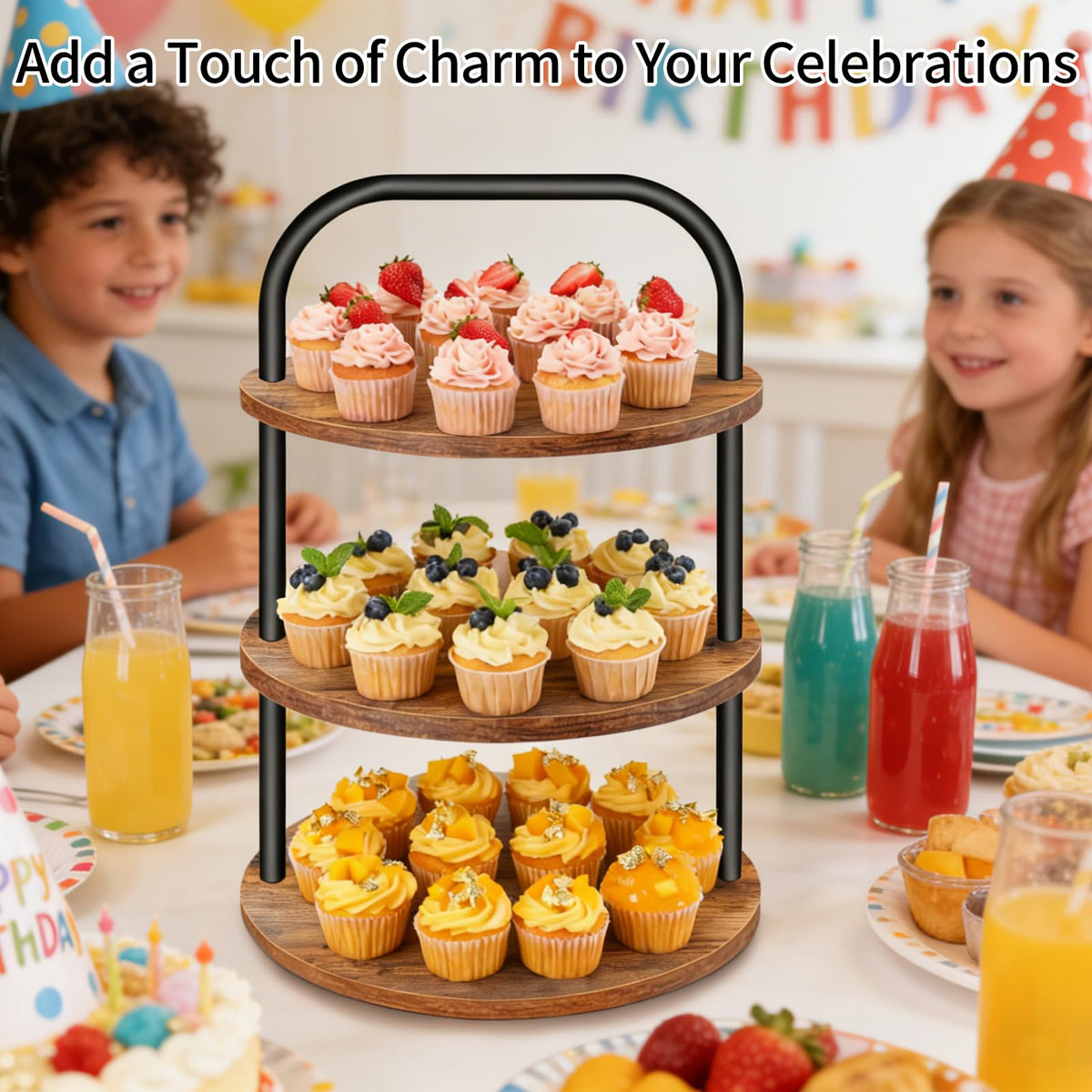 Lilybud wooden cake tower provides a stable, attractive display.