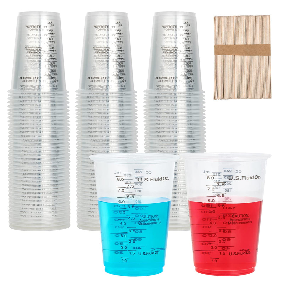Lilymicky 100-pack plastic measuring cups for precise pours and quick disposal.