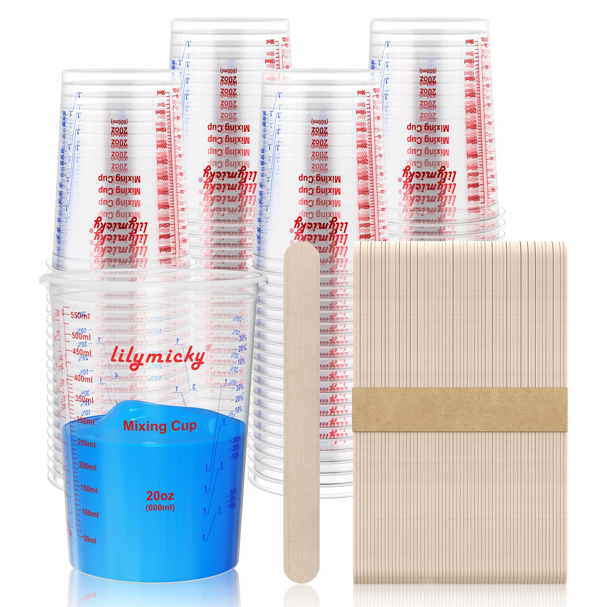 Lilymicky 100-pack plastic mixing cups with clear measurements for epoxy and paint projects