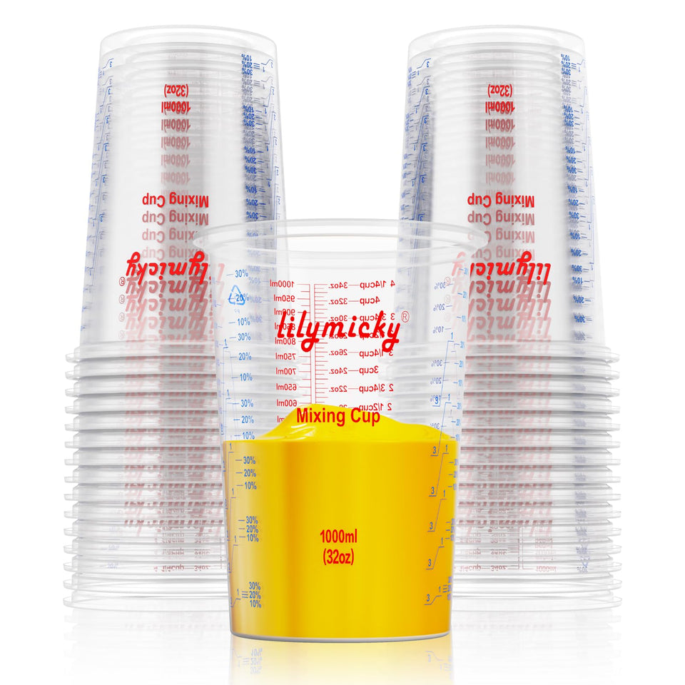 Lilymicky 25-pack measuring cups 32oz with clear graduations for accurate epoxy mixing.