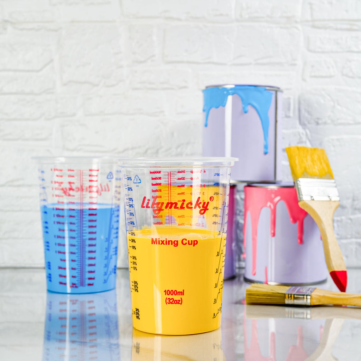 Lilymicky epoxy and paint cups show OZ and ML marks for precise ratios.