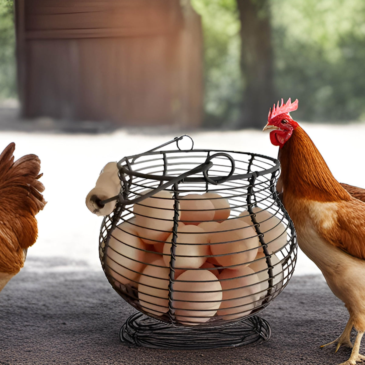 LINCOUNTRY Round metal egg basket with airflow design to help keep eggs fresh.
