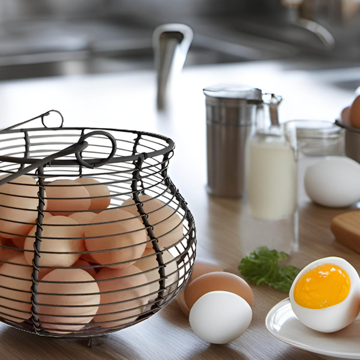 LINCOUNTRY Wood-handle egg basket blends rustic charm with easy egg transport.
