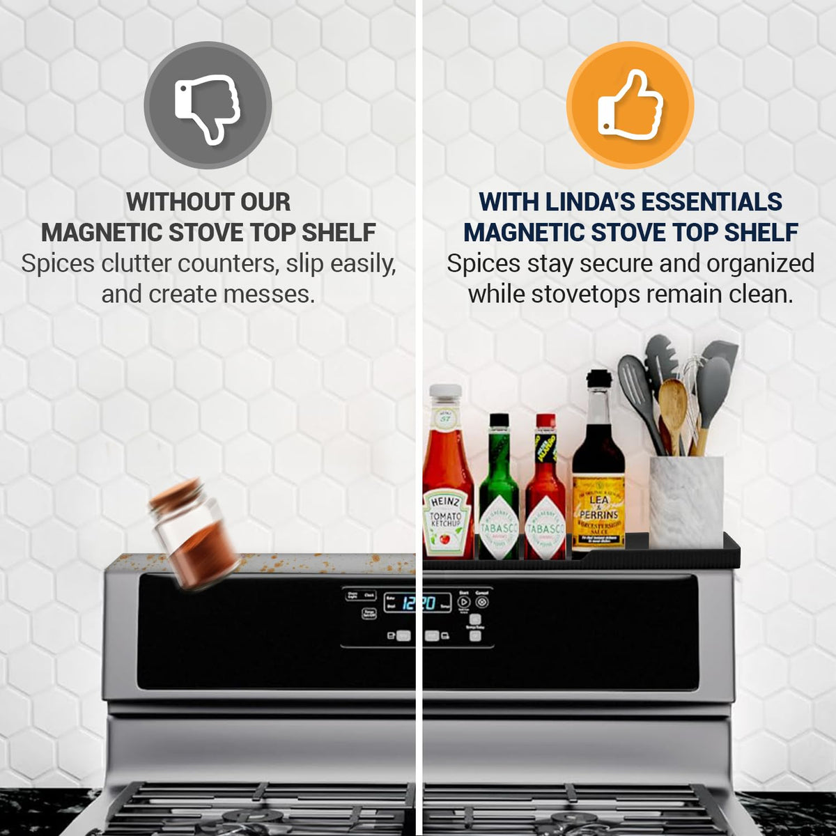Linda's Essentials 30-inch shelf fits many stoves and declutters your counter space.