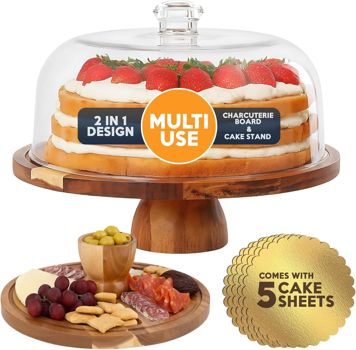 Linda's Essentials acacia wood cake stand with lid ready for celebrations.