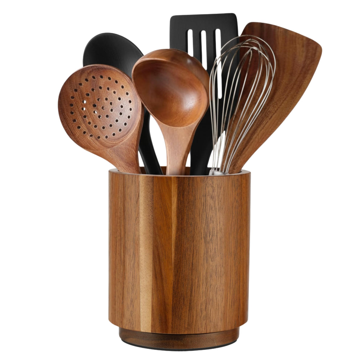Linda's Essentials acacia wood utensil holder with 360 rotation for quick access