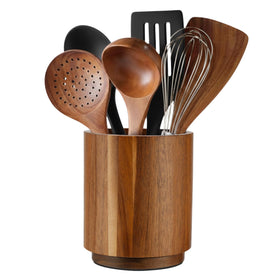 Linda's Essentials acacia wood utensil holder with 360 rotation for quick access