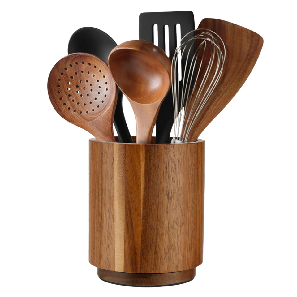 Linda's Essentials acacia wood utensil holder with 360 rotation for quick access