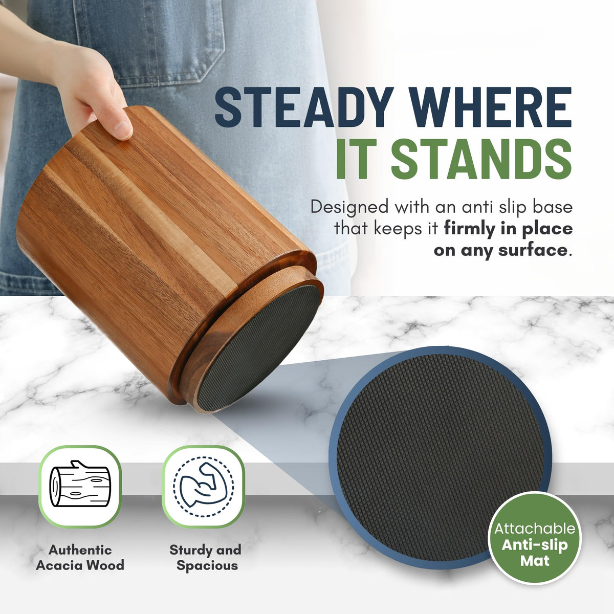 Linda's Essentials acacia wood utensil holder at full utensil capacity
