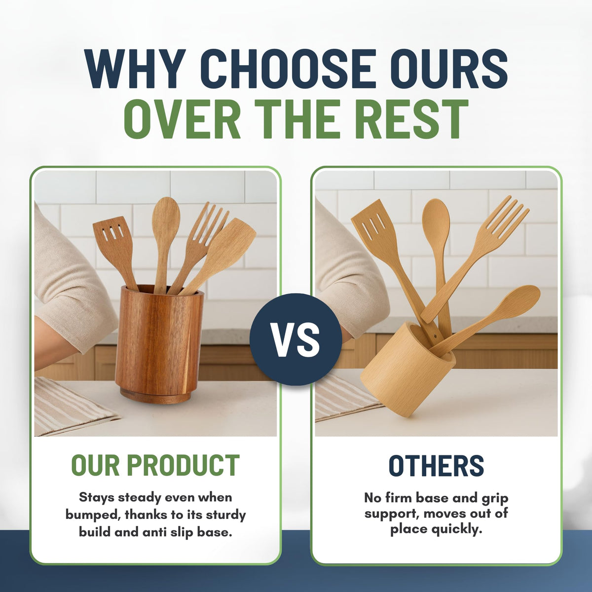  Linda's Essentials acacia wood utensil holder with spatula slots for easy storage