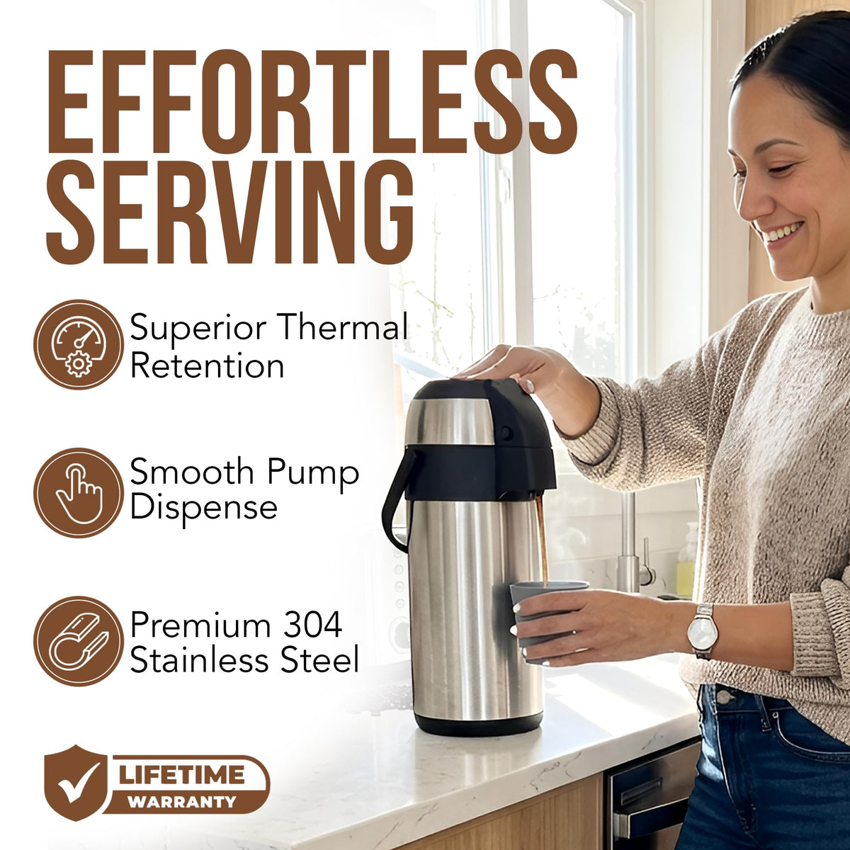 Linda's Essentials airpot pump in action for easy self-serve pours.